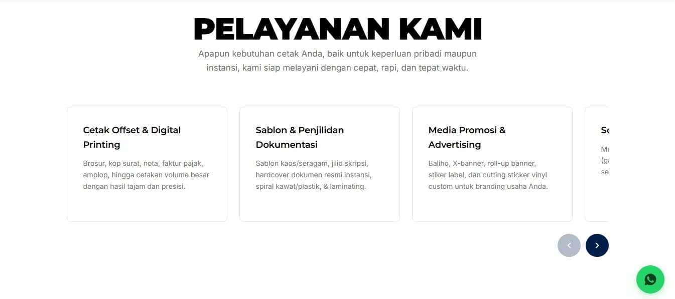 Halaman layanan usaha percetakan dengan daftar kategori cetak